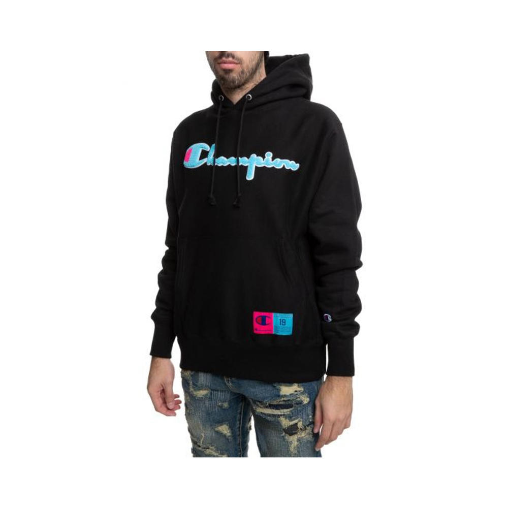 Champion Black Reverse Weave Script Hoodie, Mens Medium